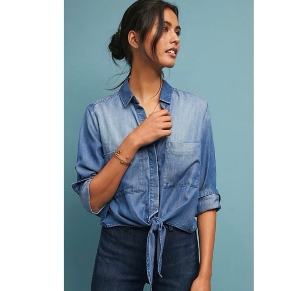 Denim Front-Tie Bow Detail Long-Sleeve Button Down Modest 100% Tencel Shirt Sz S